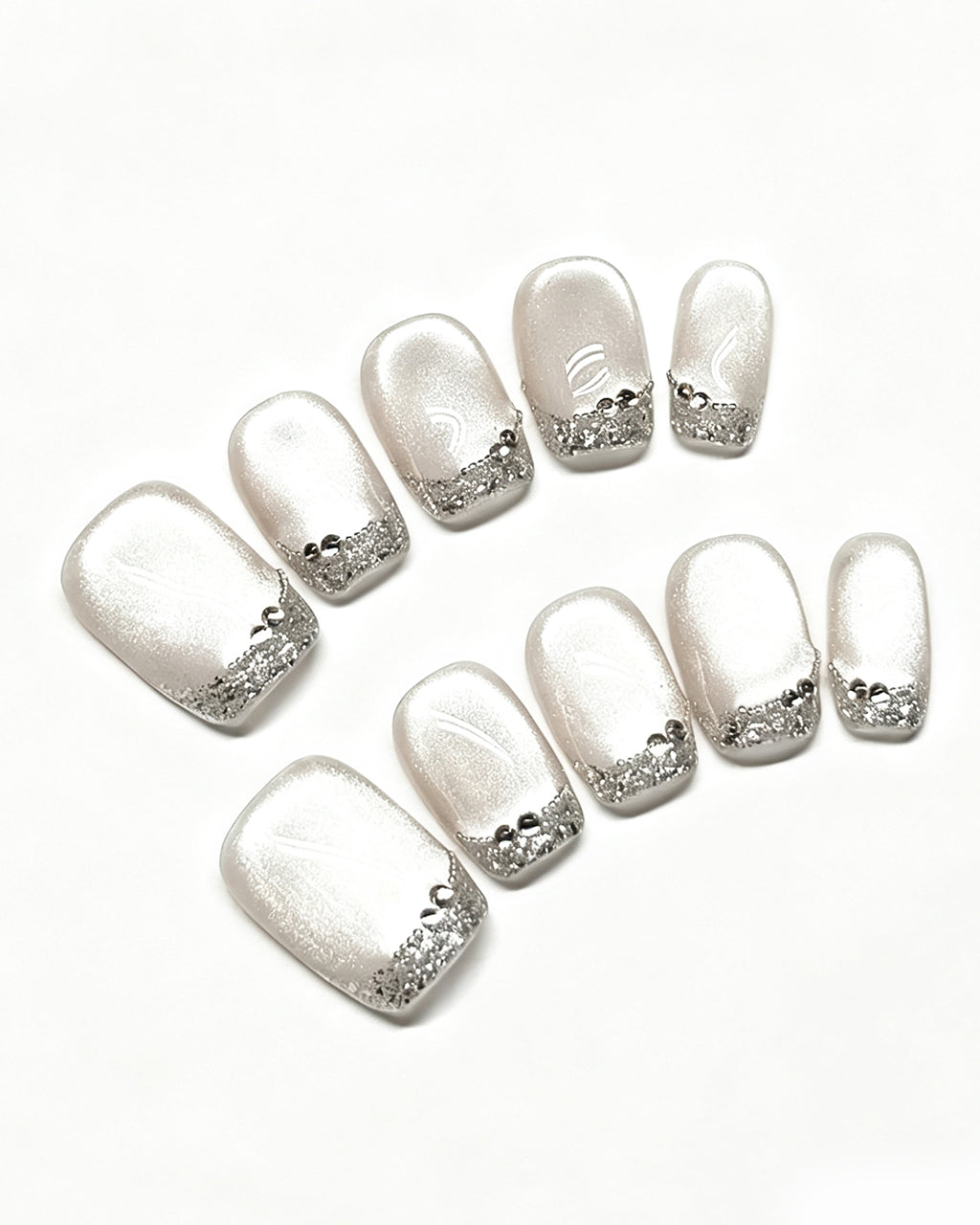 Bling Crushed Diamond | Handcrafted Milky Cat-Eye & Glitter French Nails