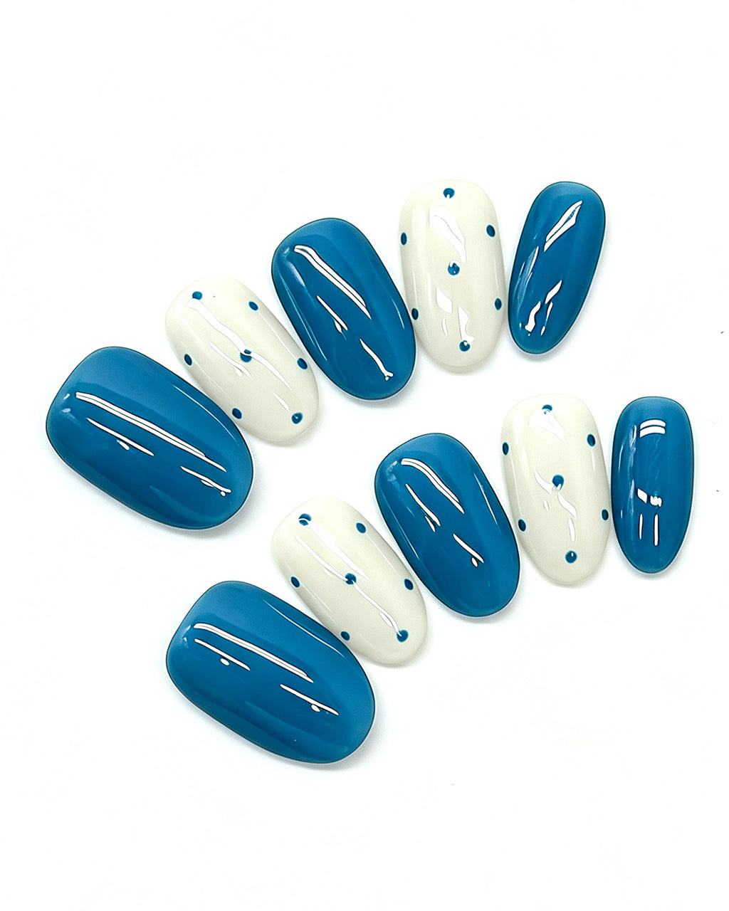 Teal Blue & Polka Dot Press On Nails - Medium Oval Glossy