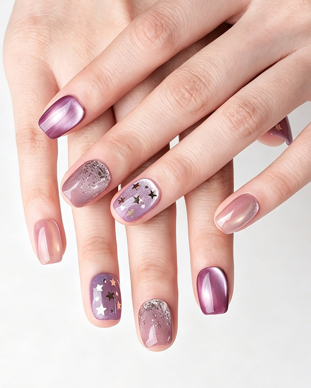 Dusty Rose Cat Eye Press On Nails - Black Starburst Short Square Nails