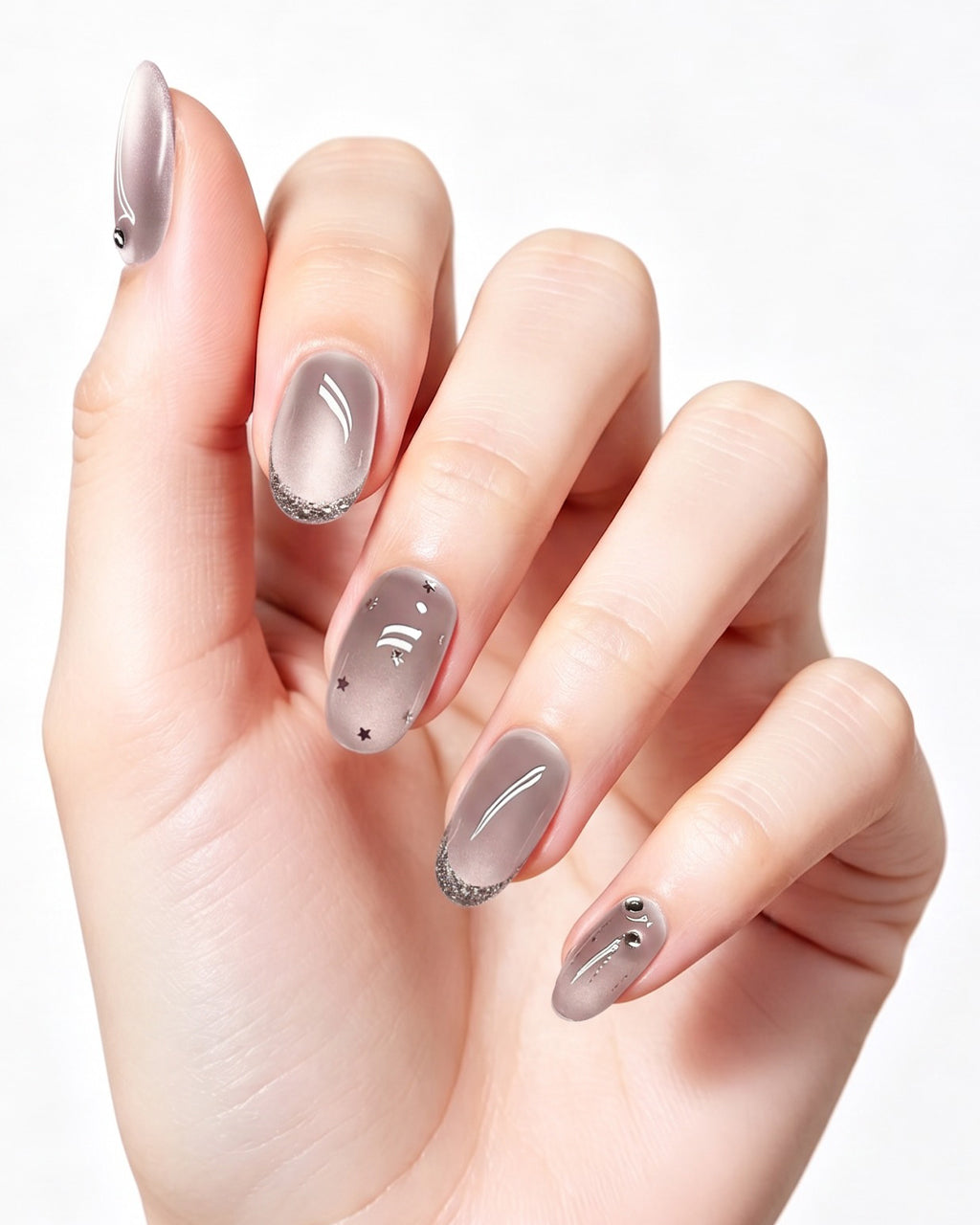 Mist Shrouds Camellia | Handcrafted Sheer Nude Cat-Eye & Silver French Nails