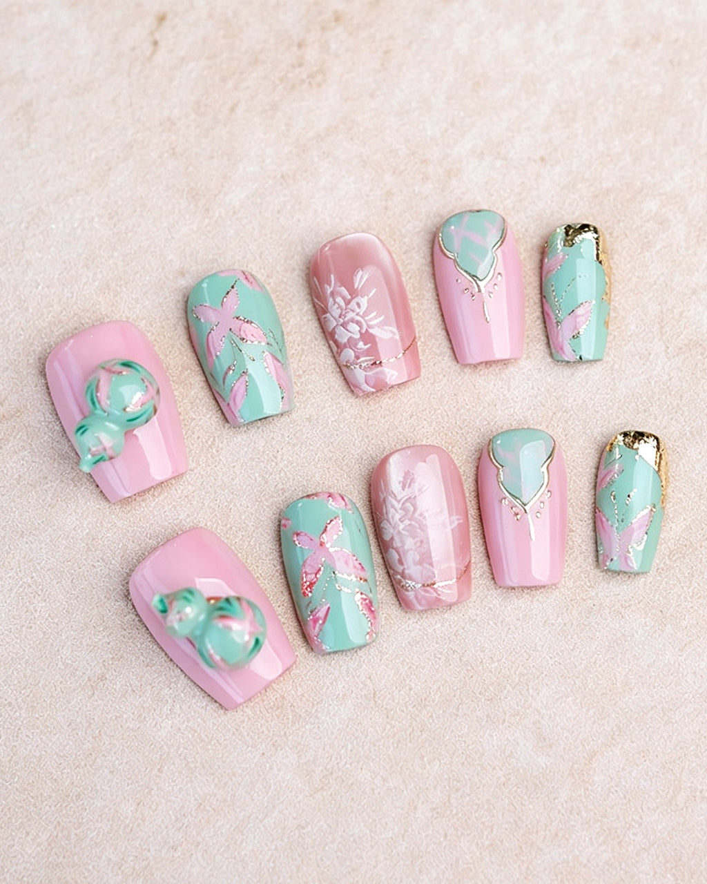 Blessing & Prosperity | Handcrafted Spinning Jade Gourd & Butterfly Press-On Nails