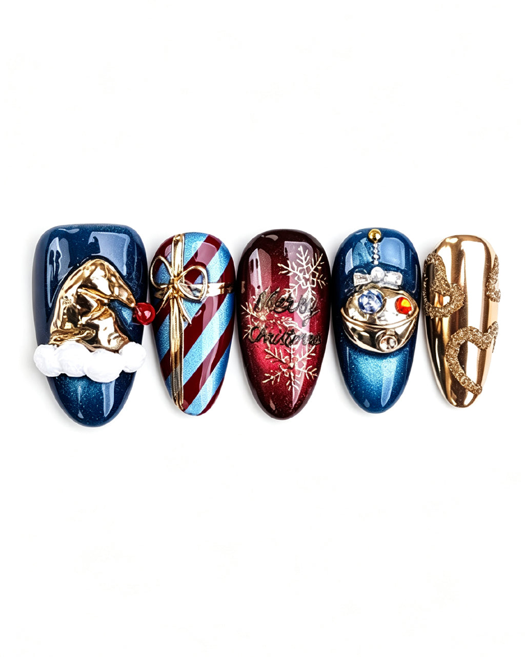 Christmas Fantasy | Handcrafted Navy Cat-Eye & 3D Holiday Press-On Nails