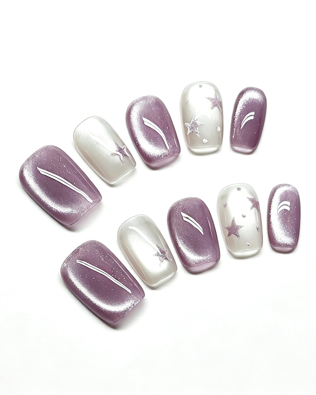 Star Flecks | Handcrafted Celestial Cat-Eye & Silver Star Press-On Nails