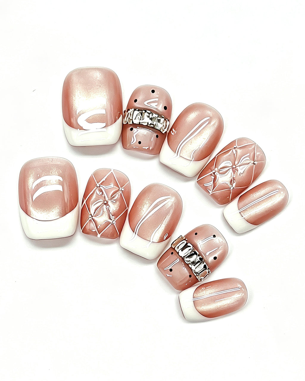 Coquette Glamour | Rose Nude Cat-Eye with 3D Ribbon & Quilted Lattice Nails
