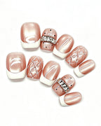 Coquette Glamour | Rose Nude Cat-Eye with 3D Ribbon & Quilted Lattice Nails