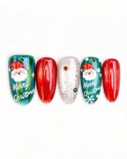 Christmas Press On Nails - Red & Green Festive Almond Nails with Snowflake Art