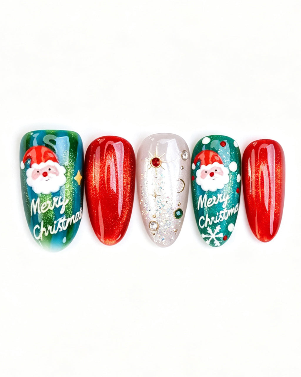 Christmas Press On Nails - Red & Green Festive Almond Nails with Snowflake Art