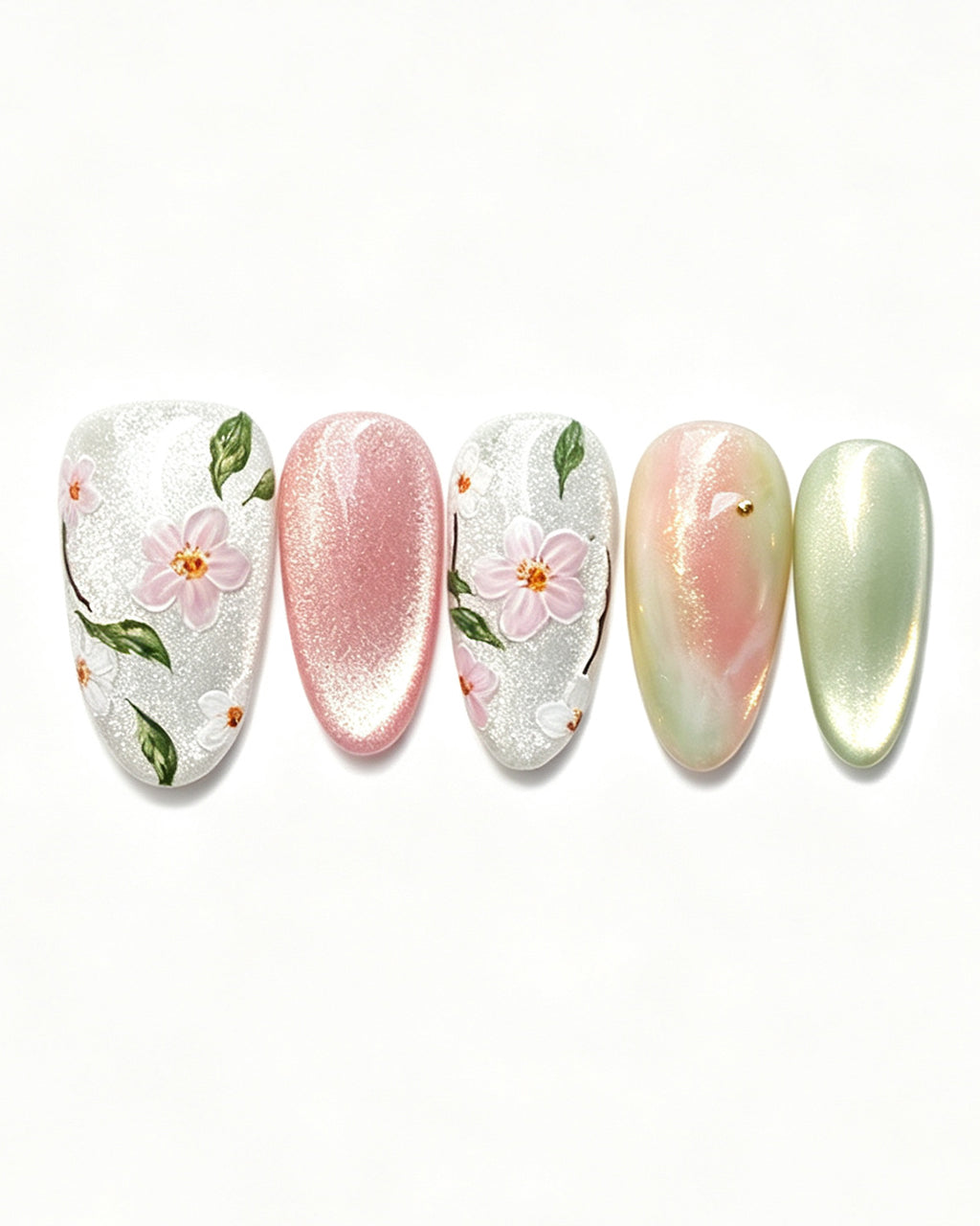 Jasmine Peach | Hand-Painted Floral & Cat Eye Press-On Nails