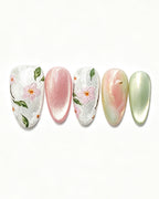 Jasmine Peach | Hand-Painted Floral & Cat Eye Press-On Nails