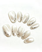 Silver Cat-Eye Crystal Chrome Nails | Handcrafted