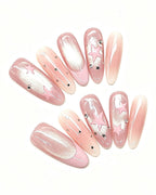 Pink Nebula | Handcrafted Celestial Stars & Velvet Cat-Eye Almond Press-On Nails