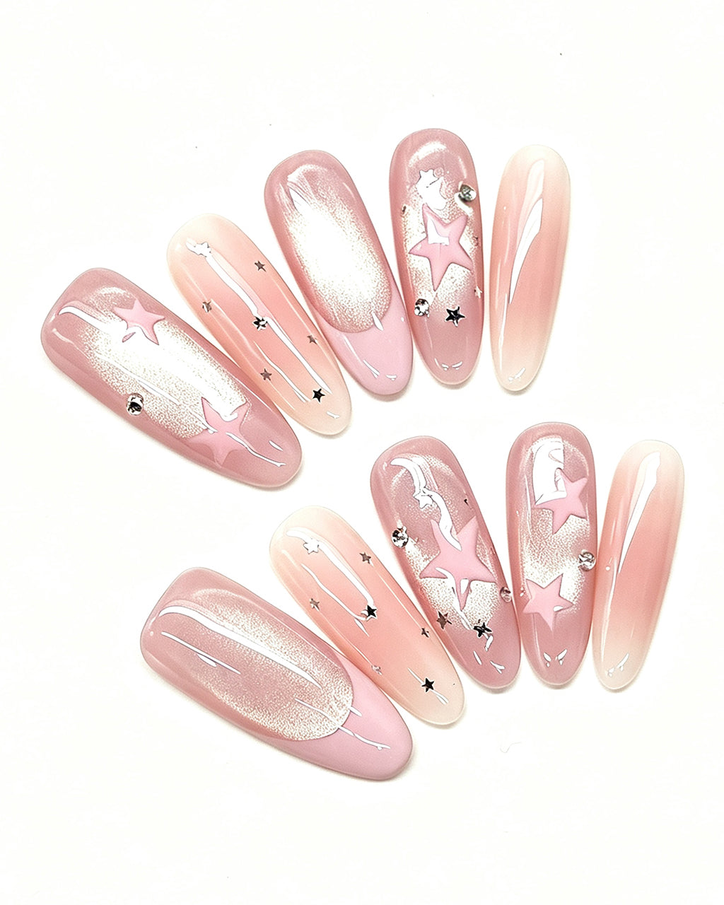 Pink Nebula | Handcrafted Celestial Stars & Velvet Cat-Eye Almond Press-On Nails