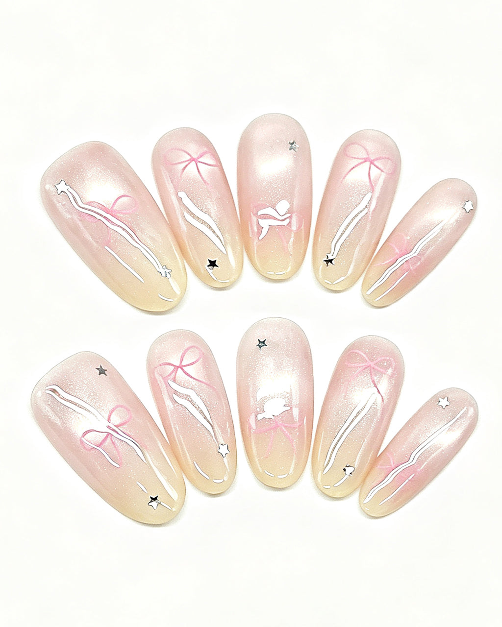 Soft Peach Blush Crystal Press-On Nails | Handcrafted
