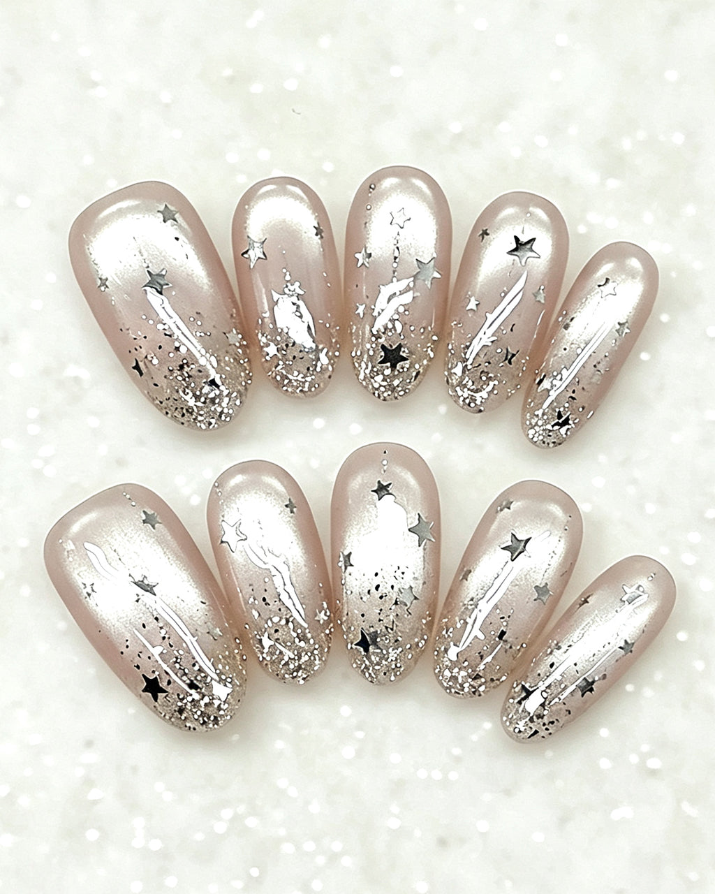 Celestial Star Press On Nails - Sheer Shimmer Nude Almond Nails with Starburst Art