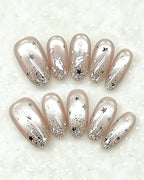 Celestial Star Press On Nails - Sheer Shimmer Nude Almond Nails with Starburst Art