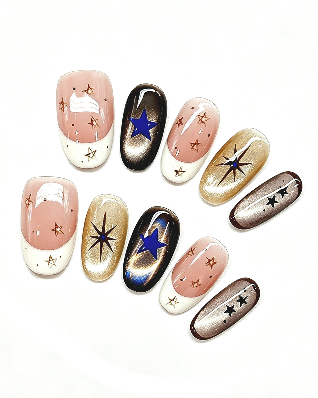 Golden Cat-Eye Star French Nails | Handcrafted