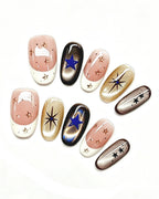 Golden Cat-Eye Star French Nails | Handcrafted