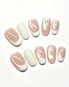 Cloud White | Handcrafted Sheer Cat-Eye & White French Press-On Nails
