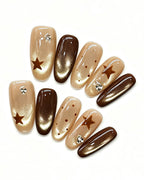 Mocha Starlet | Handcrafted Chocolate Cat-Eye & Retro Star Press-On Nails