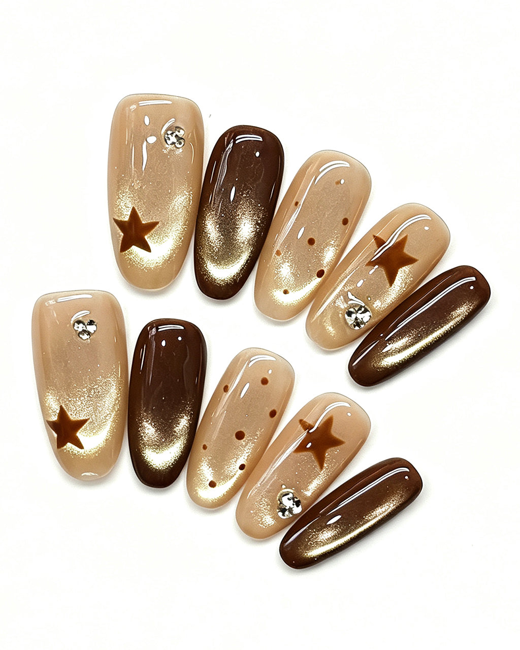 Mocha Starlet | Handcrafted Chocolate Cat-Eye & Retro Star Press-On Nails
