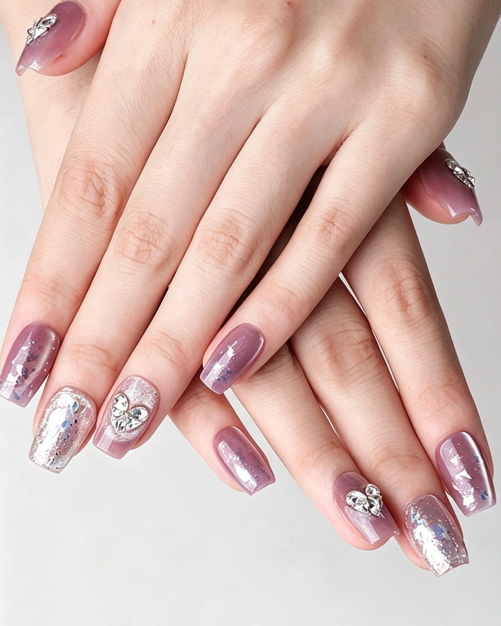 Lavender Lilac Cat Eye Press On Nails - Silver Heart Short Square Nails