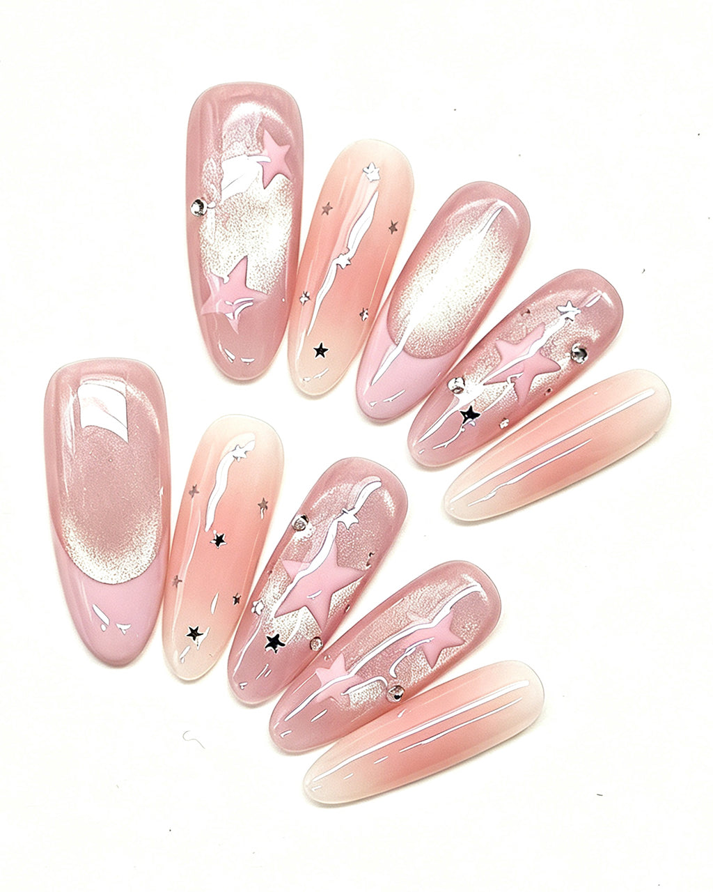 Pink Nebula | Handcrafted Celestial Stars & Velvet Cat-Eye Almond Press-On Nails