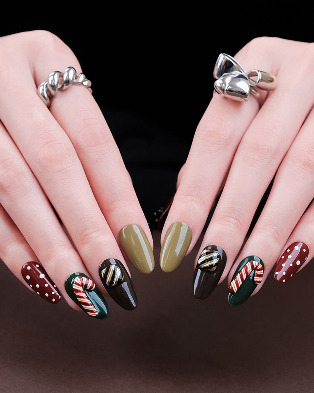 Christmas Fairy Tale | Handcrafted 3D Christmas Tree & Candy Cane Press-On Nails