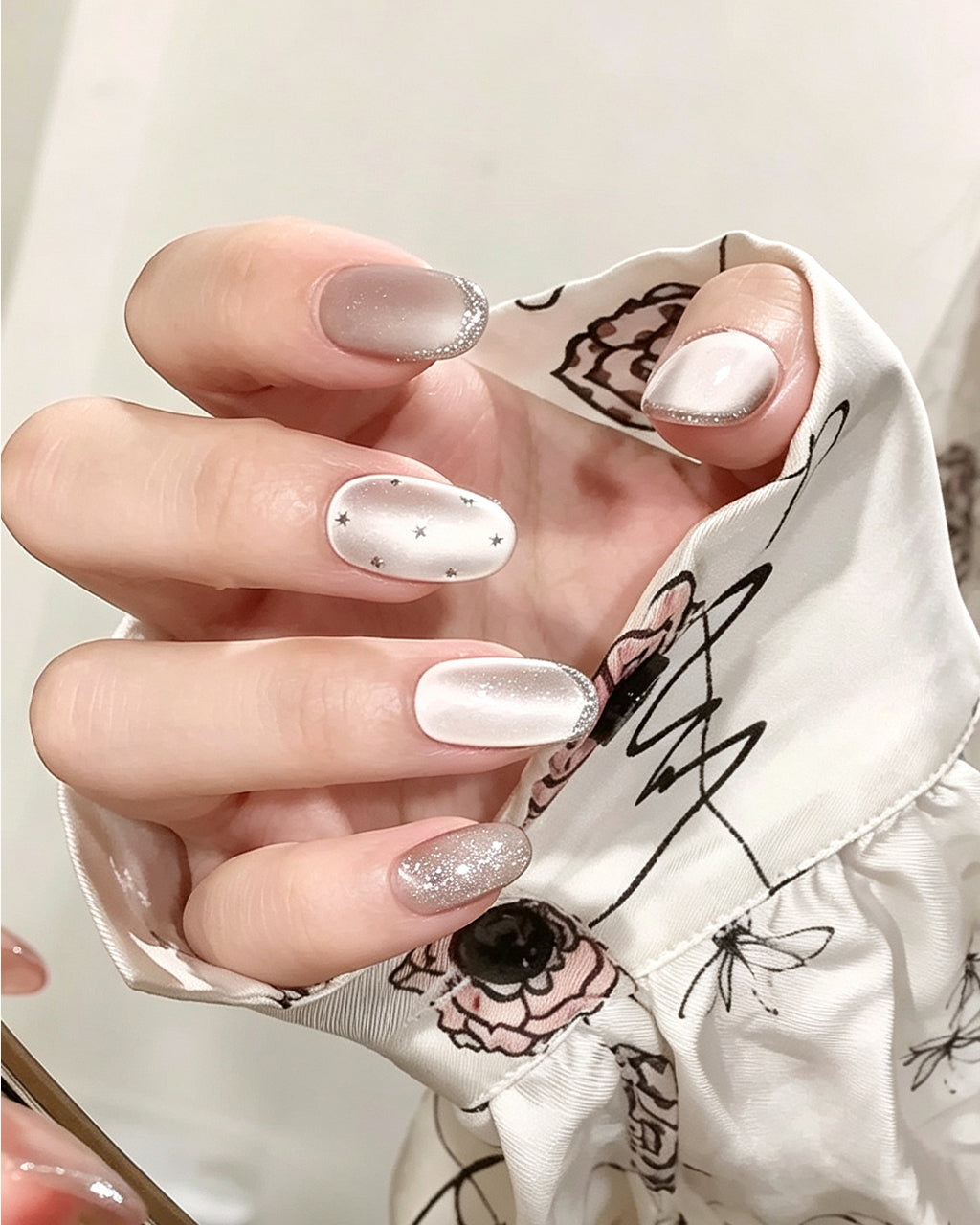 Mist Shrouds Camellia | Handcrafted Sheer Nude Cat-Eye & Silver French Nails