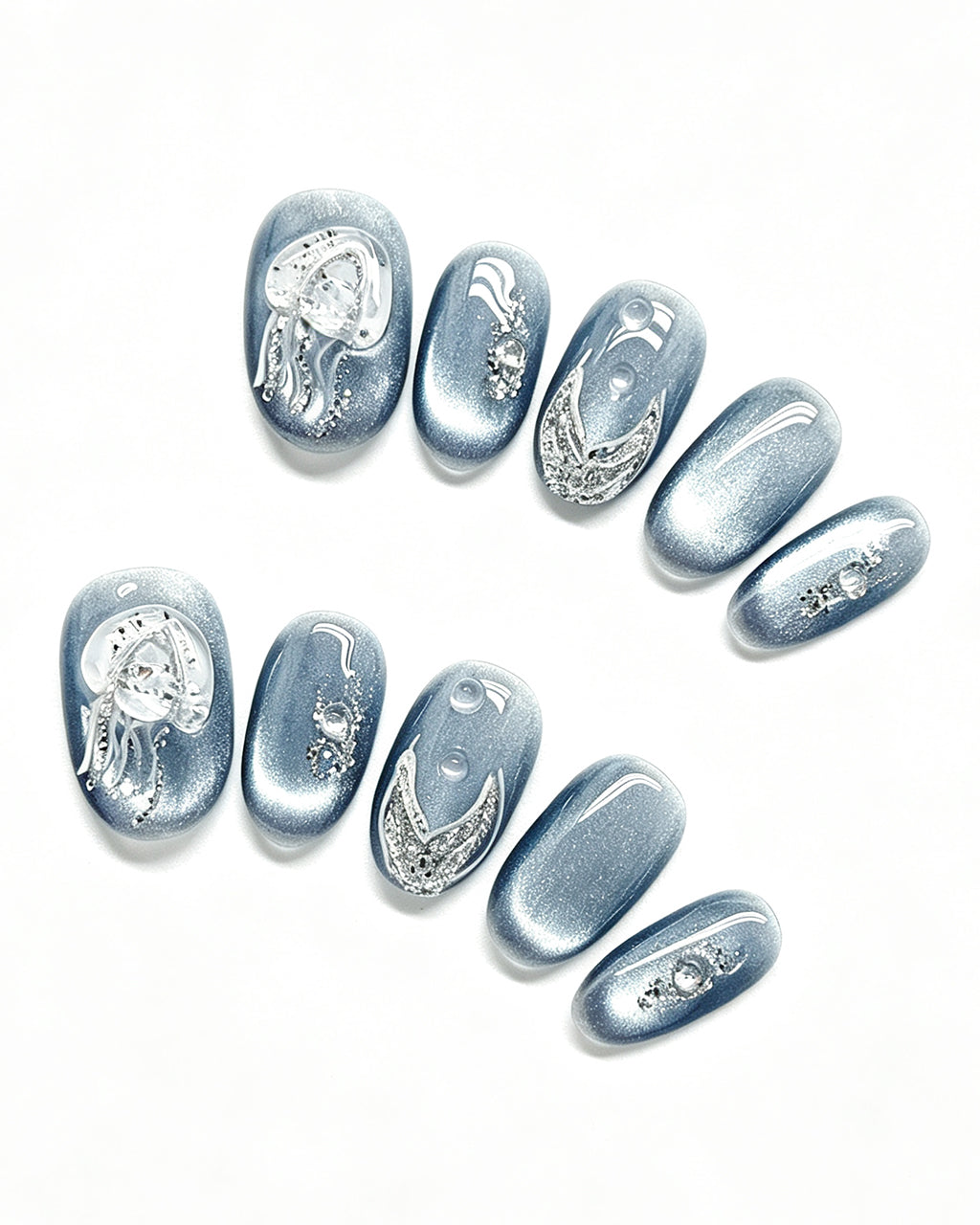 Steel Blue Cat-Eye Dewdrop Press-On Nails | Handcrafted