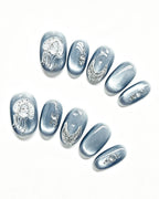 Steel Blue Cat-Eye Dewdrop Press-On Nails | Handcrafted
