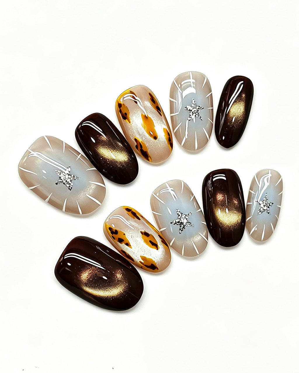 Mocha Starlight | Handcrafted Espresso Cat-Eye & Celestial Starburst Press-On Nails