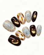 Mocha Starlight | Handcrafted Espresso Cat-Eye & Celestial Starburst Press-On Nails