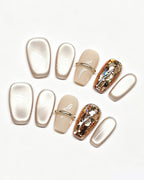 Soft & Versatile | Handcrafted Pearl Cat-Eye & 3D Gold Accent Press-On Nails