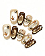 Mocha Cat-Eye Crystal Band Press-On Nails | Handmade