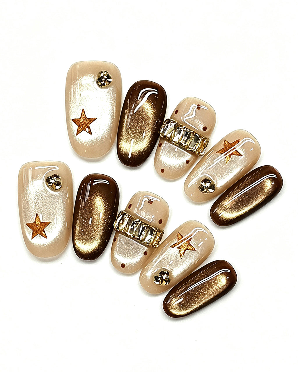 Mocha Cat-Eye Crystal Band Press-On Nails | Handmade