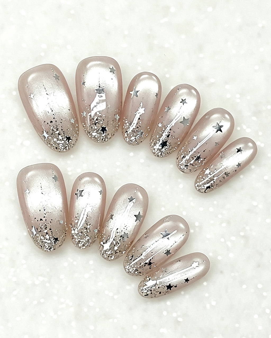 Celestial Star Press On Nails - Sheer Shimmer Nude Almond Nails with Starburst Art