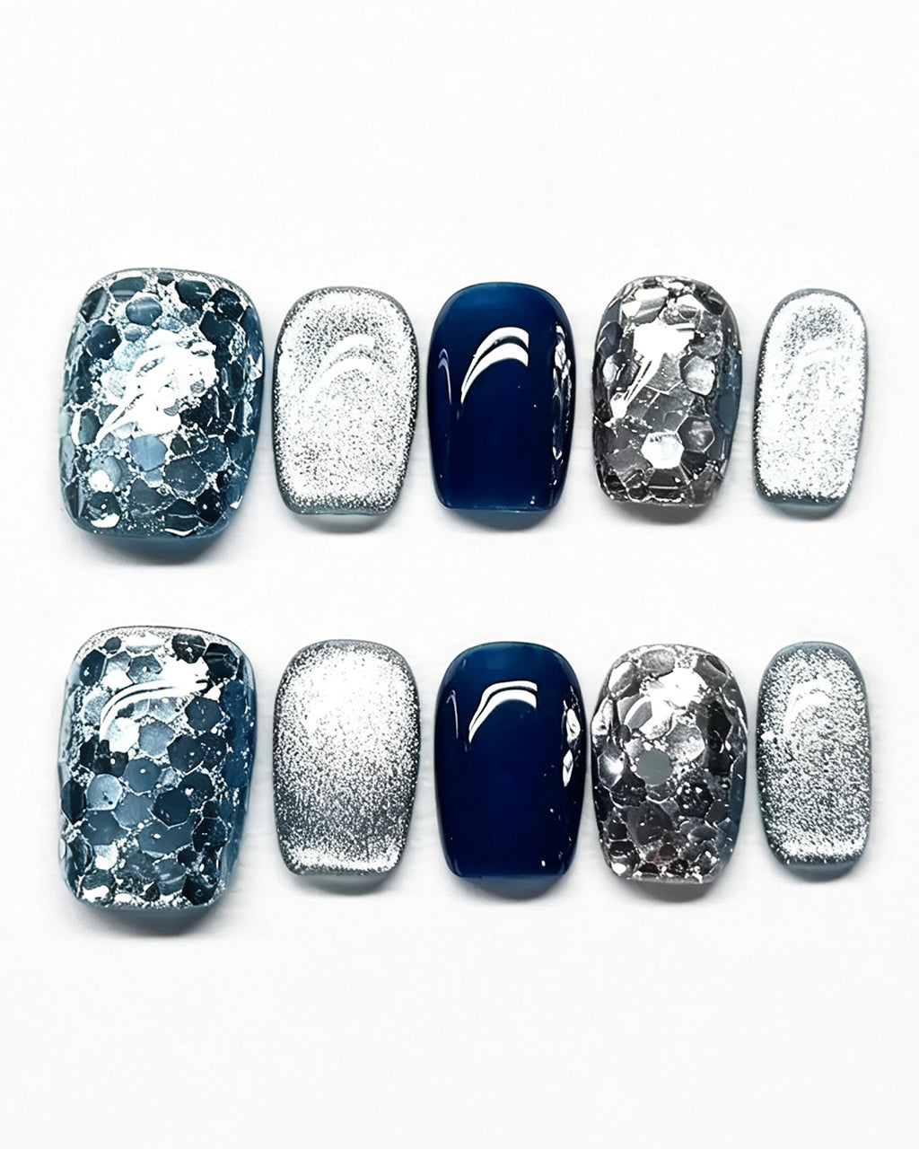 Blue Ocean | Handcrafted Navy Cat-Eye & Silver Flake Press-On Nails