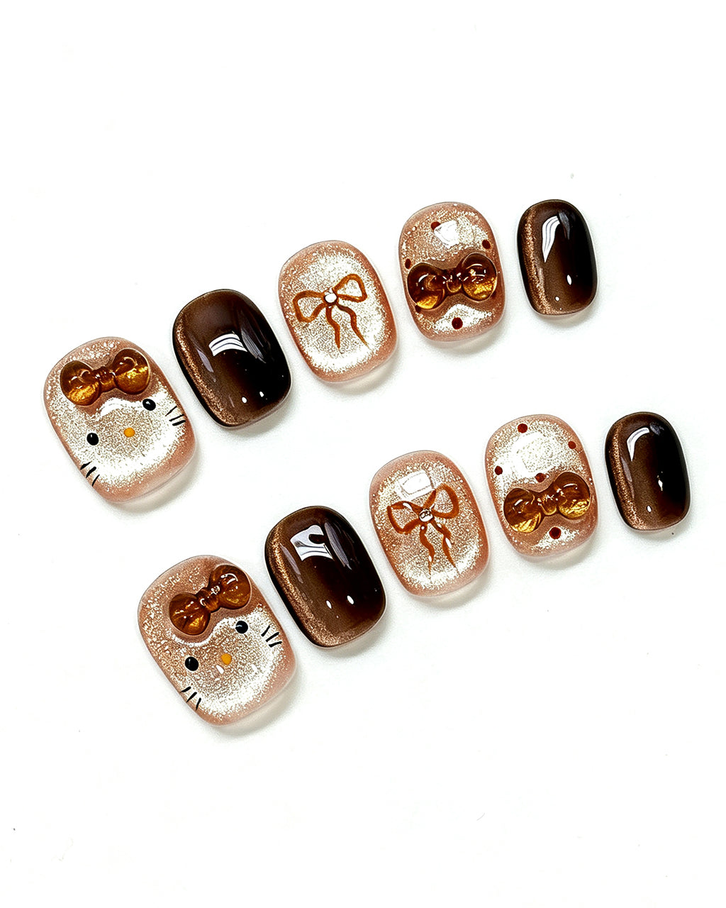 Caramel Brown Cat Eye Press On Nails - 3D Amber Bow Short Square Nails