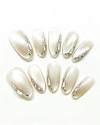 Silver Cat-Eye Crystal Chrome Nails | Handcrafted