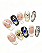 Golden Cat-Eye Star French Nails | Handcrafted