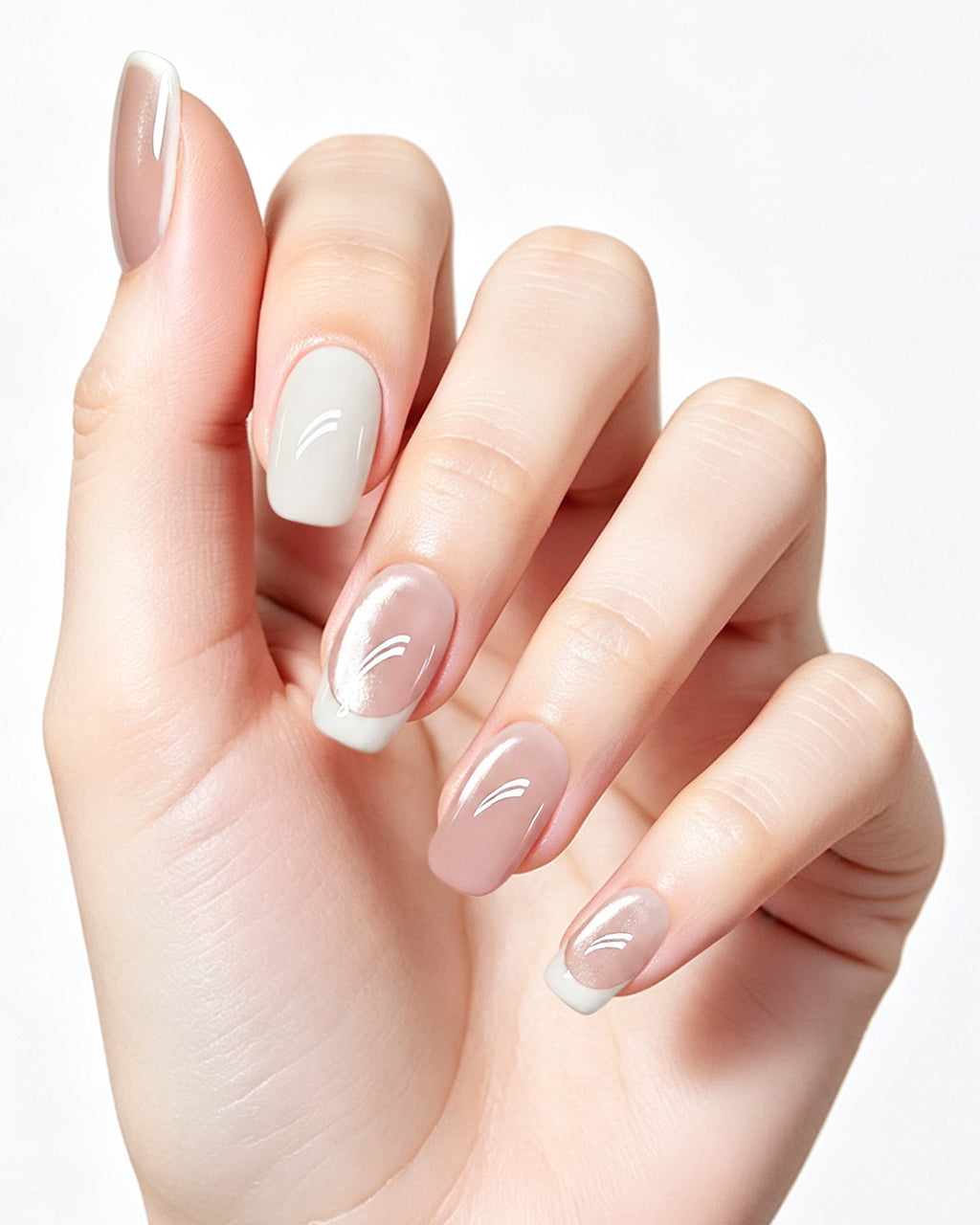 Cloud White | Handcrafted Sheer Cat-Eye & White French Press-On Nails
