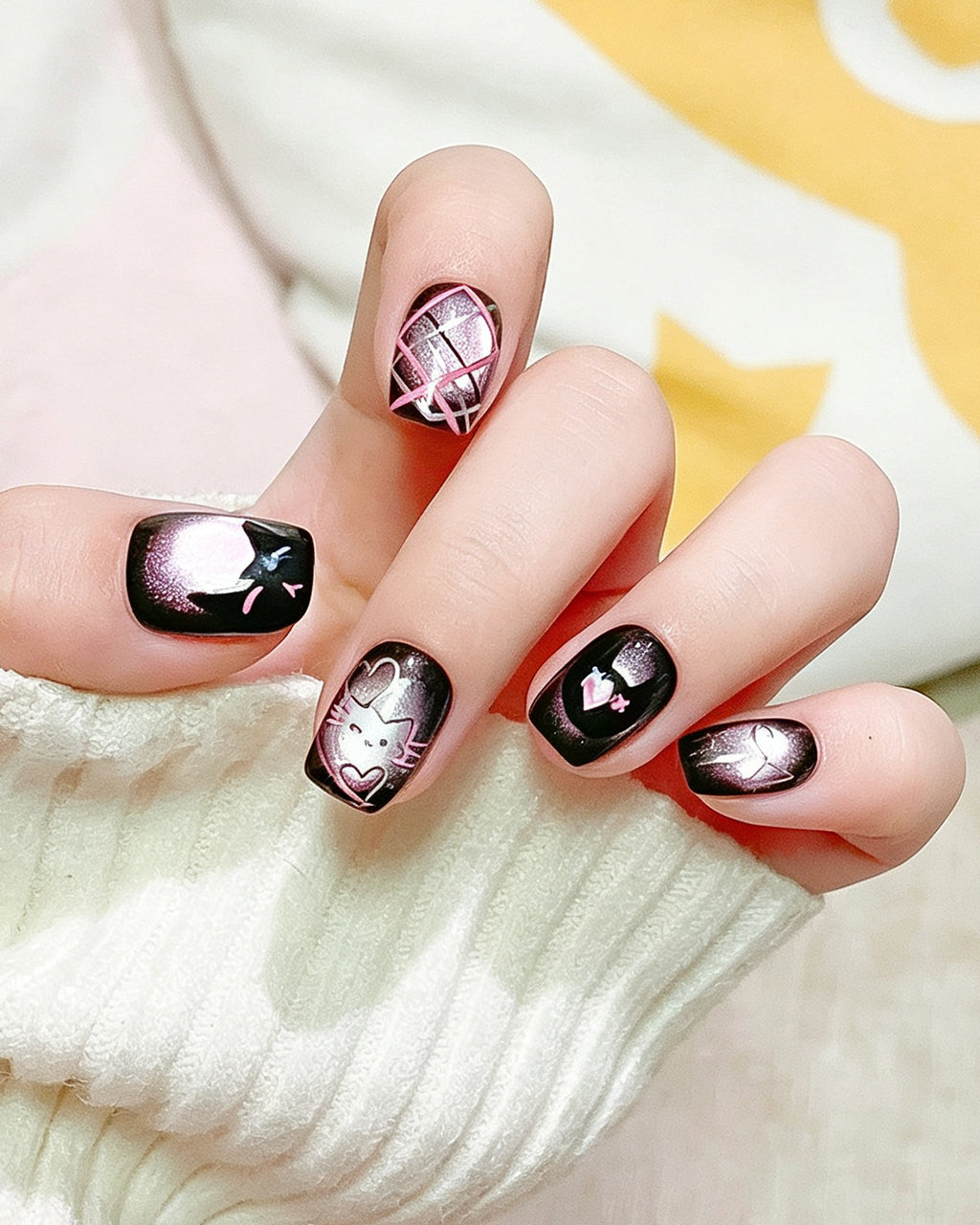 Black Framed Purple Cat-Eye Nails | Handcrafted