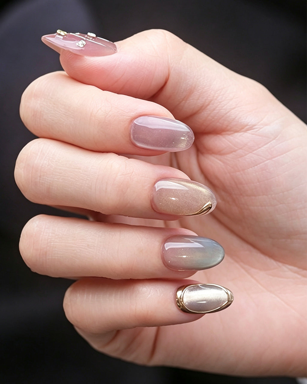 Rhythmic Light | Handcrafted Pink Aurora & Metallic Line Press-On Nails