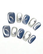 Star Flecks | Handcrafted Celestial Cat-Eye & Silver Star Press-On Nails