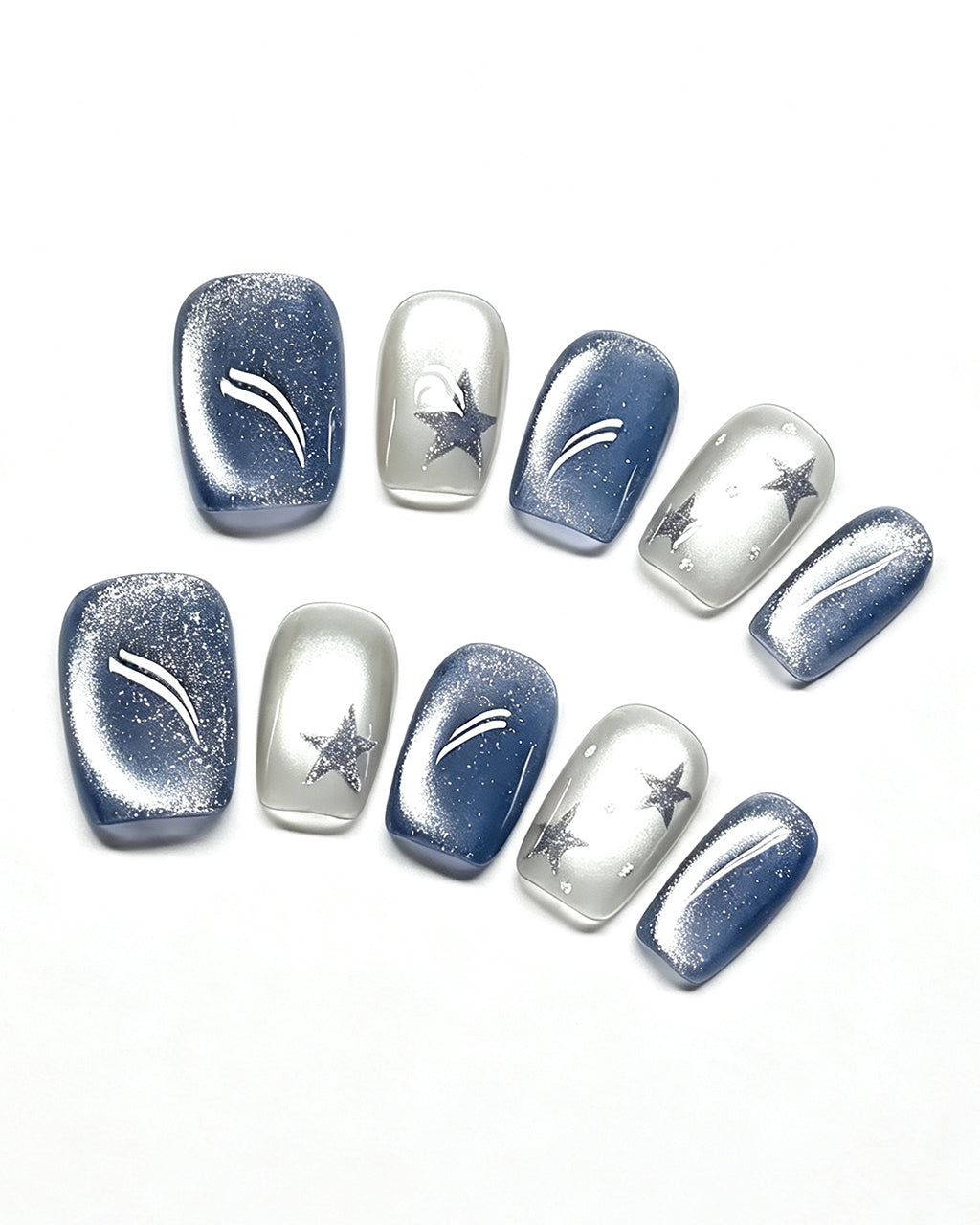 Star Flecks | Handcrafted Celestial Cat-Eye & Silver Star Press-On Nails