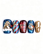 Christmas Fantasy | Handcrafted Navy Cat-Eye & 3D Holiday Press-On Nails