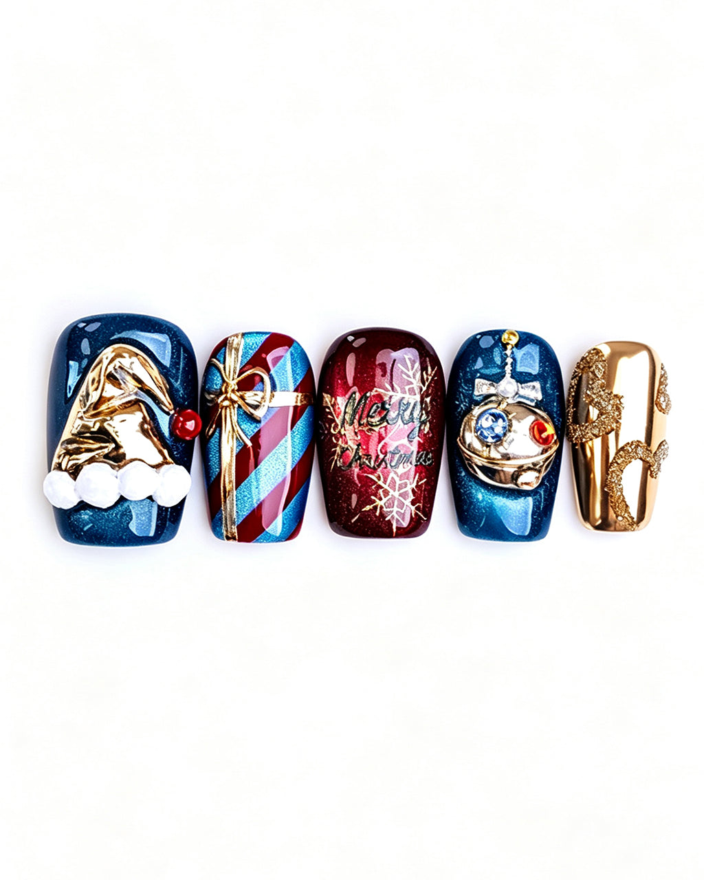Christmas Fantasy | Handcrafted Navy Cat-Eye & 3D Holiday Press-On Nails