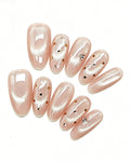 Champagne Dew | Handcrafted Blush Cat-Eye & Golden Polka Dot Press-On Nails
