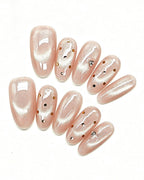 Champagne Dew | Handcrafted Blush Cat-Eye & Golden Polka Dot Press-On Nails