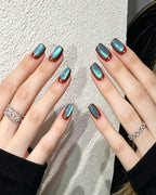 Deep Ocean | Handcrafted Ocean Blue Cat-Eye & Amber Border Press-On Nails